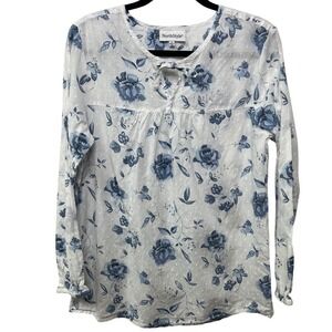 NorthStyle Floral Swiss Dot Blouse Tie Neck Long Sleeve‎ White M Boho Cottage